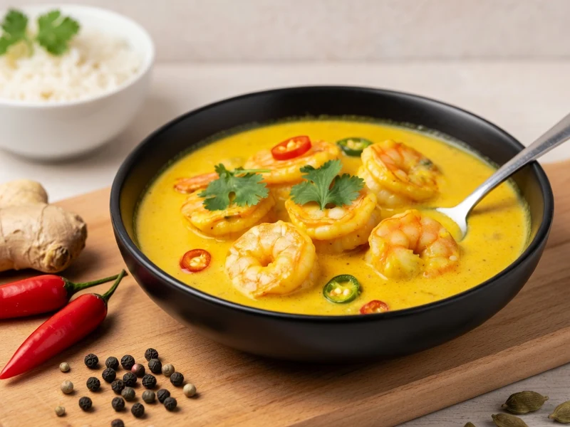 Un appétissant bol de crevettes coco curry en sauce jaune posé sur une planche de bois