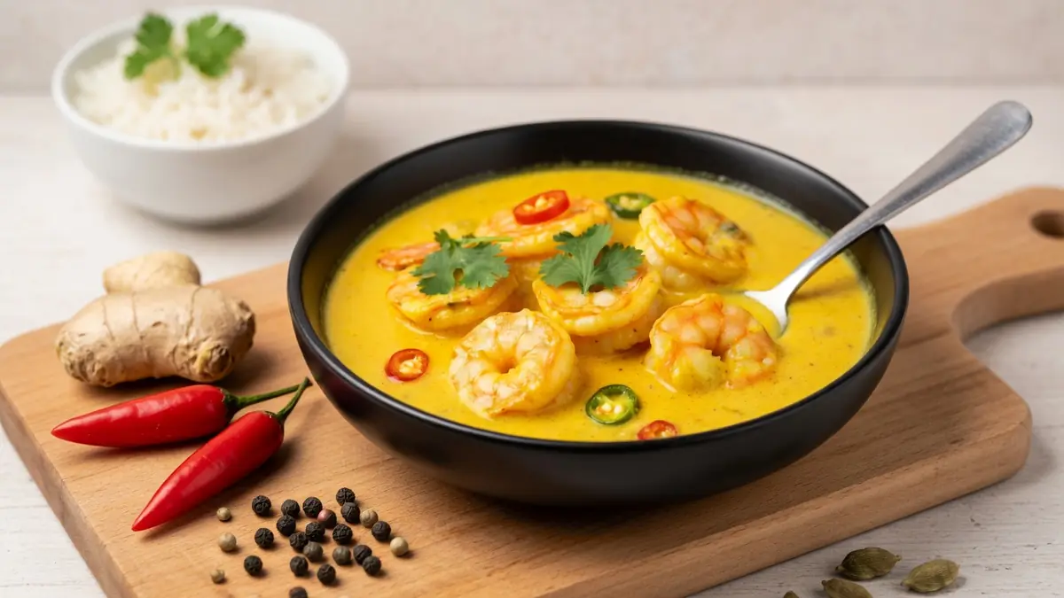 Un appétissant bol de crevettes coco curry en sauce jaune posé sur une planche de bois