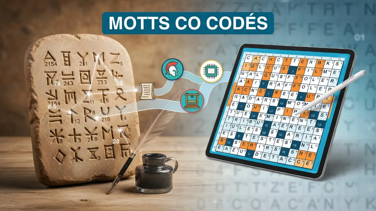 Une tablette ancienne et une tablette moderne sont reliées pour illustrer les mots codes