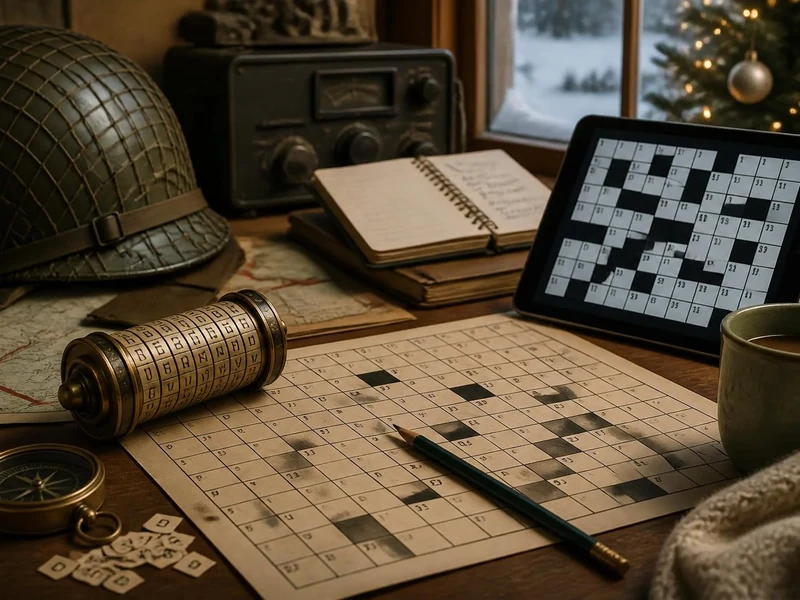 Un bureau vintage avec un casque militaire, une boussole et une grille de jeu pour résoudre des mots codes