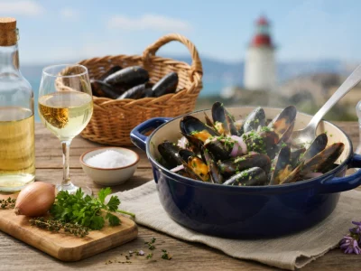 Une cocotte de moules marinières accompagnée de vin blanc sur une table près de la mer