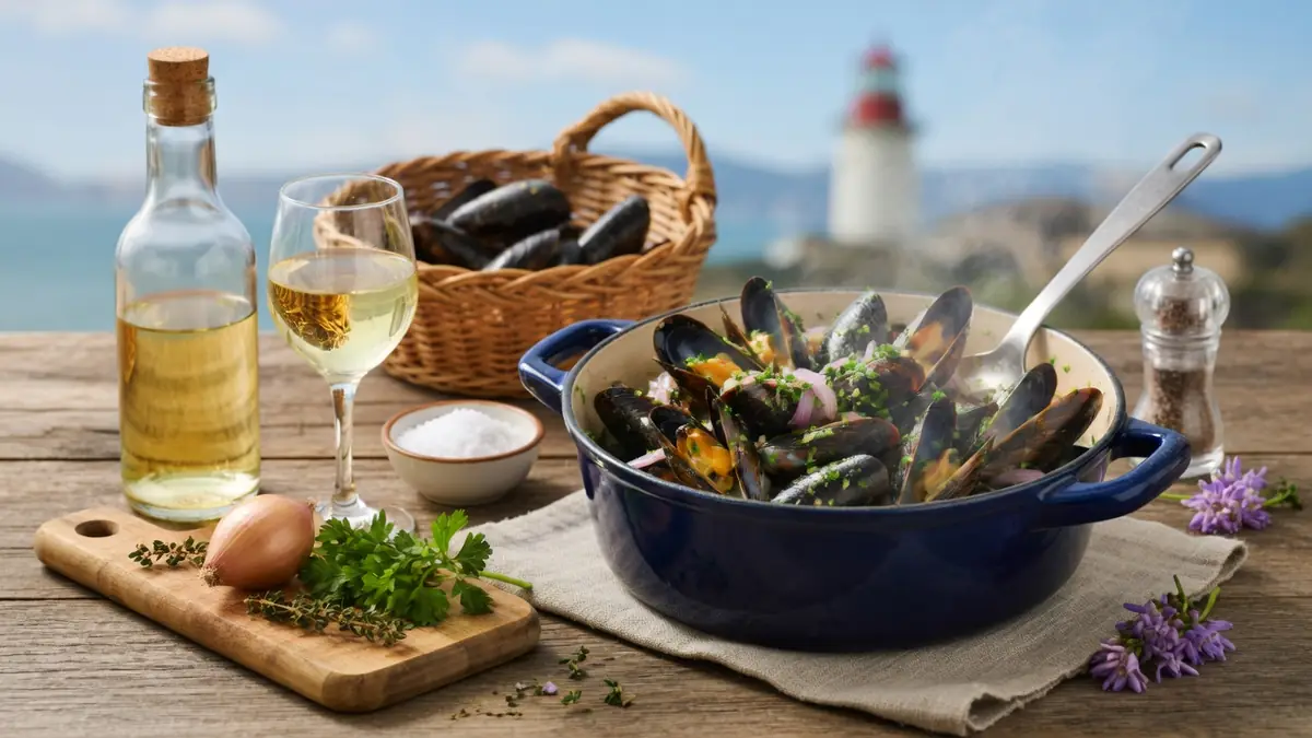 Une cocotte de moules marinières accompagnée de vin blanc sur une table près de la mer