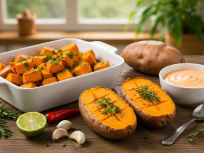 Des cubes de patates douces au four dans un plat blanc entourés d'herbes d'ail et d'une sauce crémeuse