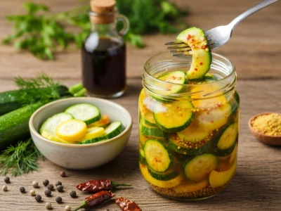 Une fourchette saisit une tranche dans un bocal rempli de pickles de courgettes maison avec des épices