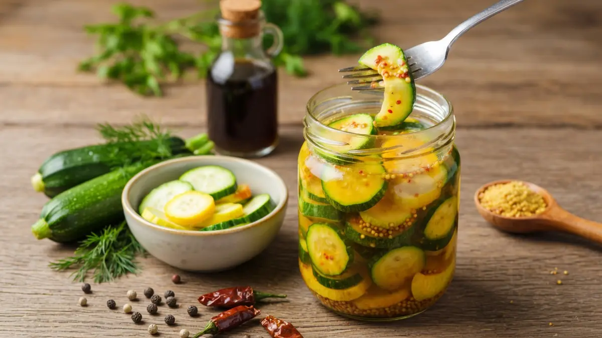 Une fourchette saisit une tranche dans un bocal rempli de pickles de courgettes maison avec des épices