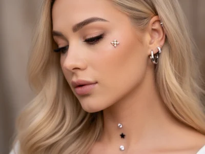 Une femme blonde arbore des piercings cutanés sur sa joue et sa poitrine