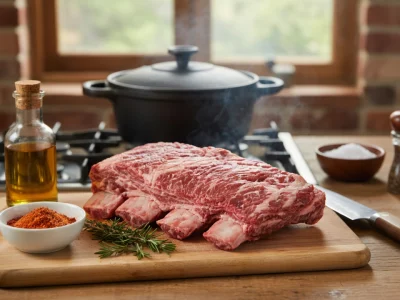 Des ribs de boeuf crus sur une planche à découper entourée d'épices et d'herbes