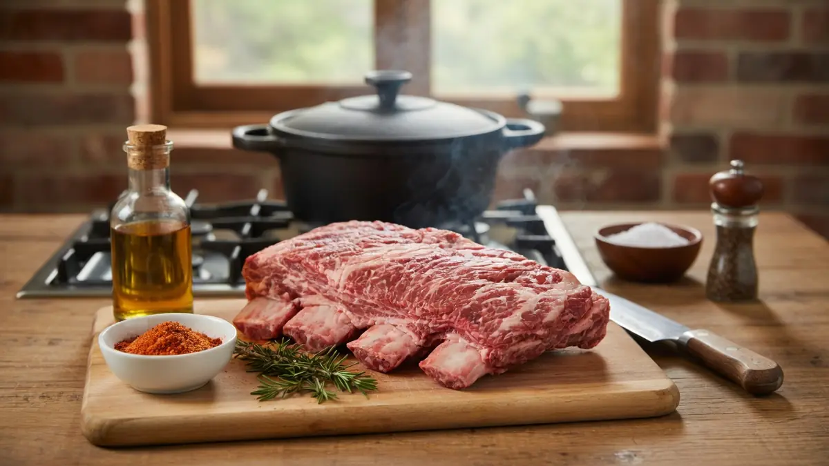 Des ribs de boeuf crus sur une planche à découper entourée d'épices et d'herbes