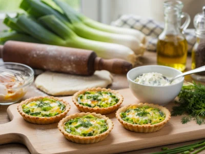 Une planche en bois présentant des tartelettes poireaux entourées d'ustensiles et de légumes frais