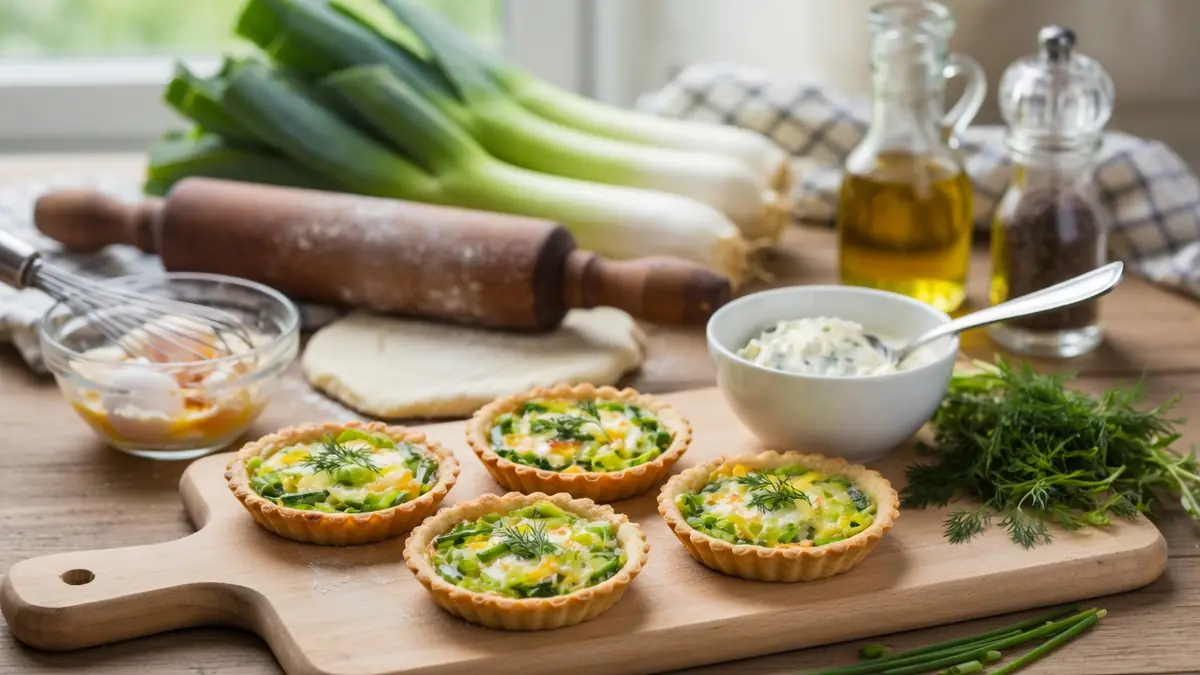 Une planche en bois présentant des tartelettes poireaux entourées d'ustensiles et de légumes frais