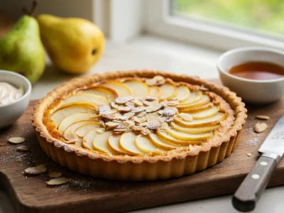 Des tartes poires amandes appétissantes sont posées sur une planche en bois près d'une fenêtre