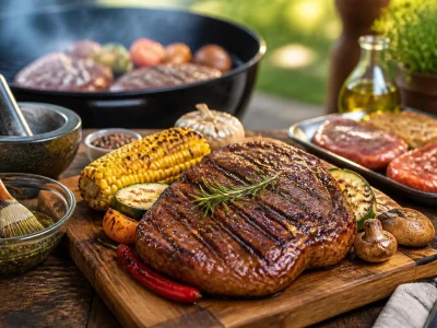 Une grande pièce de viande grillée accompagnée de légumes sur une planche en bois pour préparer de savoureuses viandes barbecue