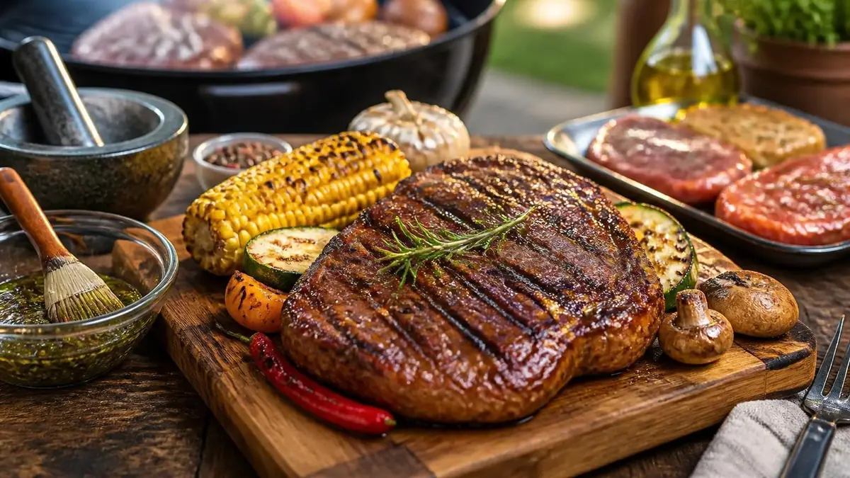 Une grande pièce de viande grillée accompagnée de légumes sur une planche en bois pour préparer de savoureuses viandes barbecue