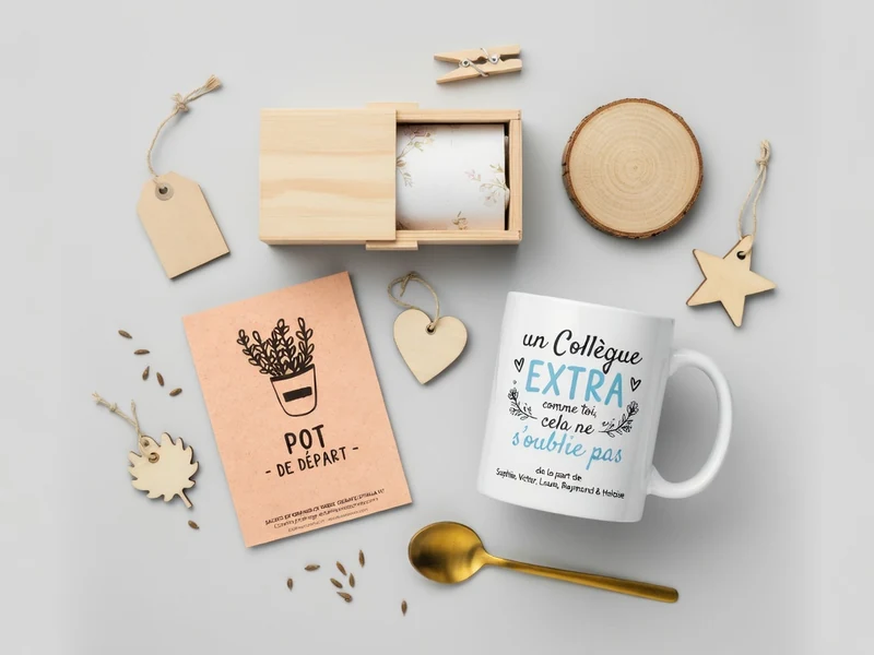Une sélection d'objets pour un cadeau départ collègue est disposée sur un fond clair