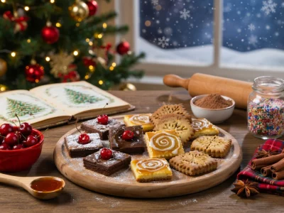 Divers biscuits dont le carré de Noël sont présentés sur une planche ronde dans un décor festif
