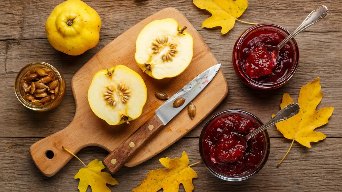 Des coings coupés sur une planche près de bocaux de confit de coing et de feuilles d'automne