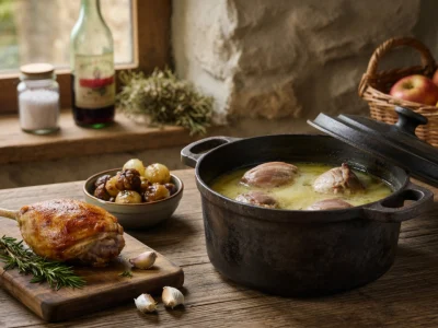 Des plats traditionnels de confit de cuisse de canard sont présentés dans une cocotte et sur une planche à découper