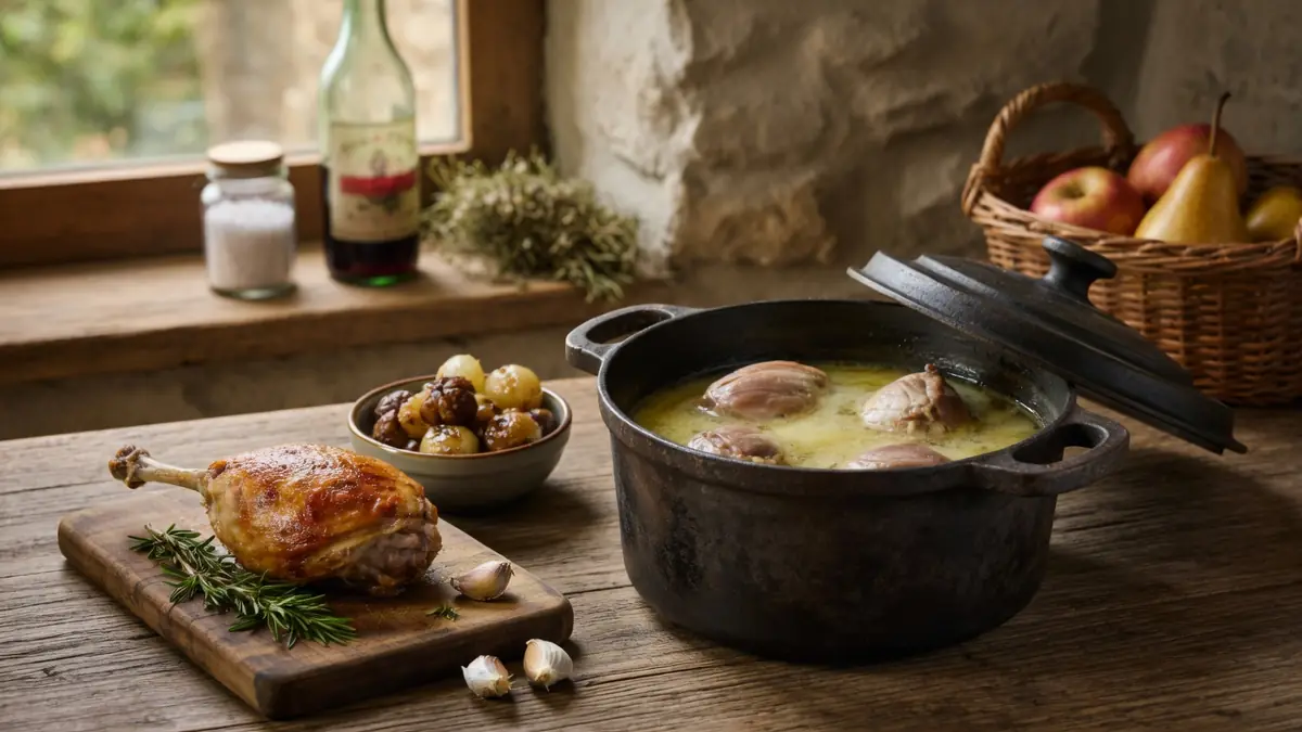 Des plats traditionnels de confit de cuisse de canard sont présentés dans une cocotte et sur une planche à découper