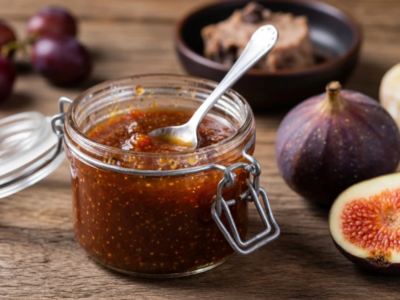 Un bocal de confit de figues ouvert avec une cuillère entouré de figues sur une table en bois