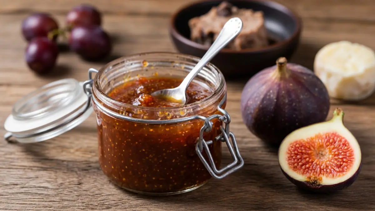 Un bocal de confit de figues ouvert avec une cuillère entouré de figues sur une table en bois