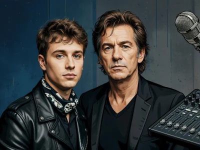 Lucas Thiéfaine pose avec un jeune homme près d'un micro et d'une console de mixage