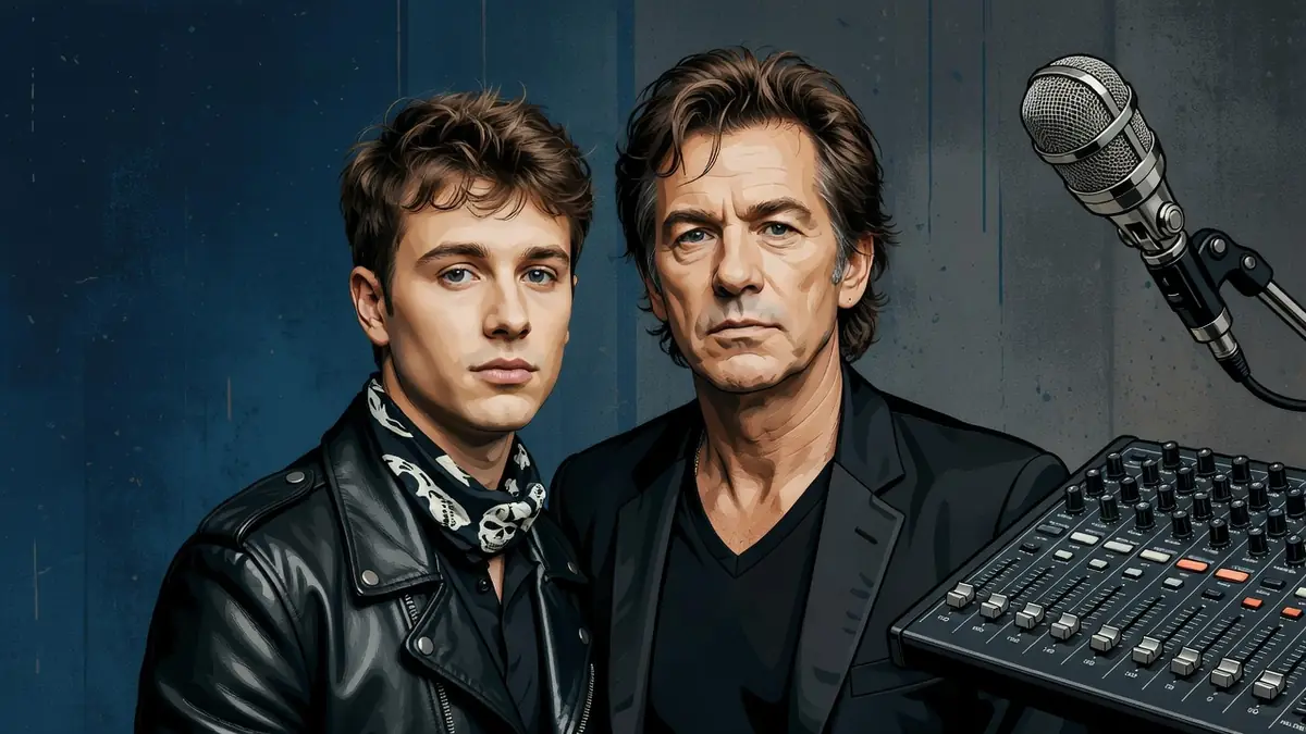 Lucas Thiéfaine pose avec un jeune homme près d'un micro et d'une console de mixage