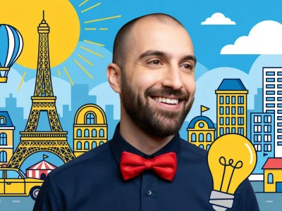 Portrait souriant de Thomas Deseur devant un décor illustré représentant une ville avec la tour Eiffel