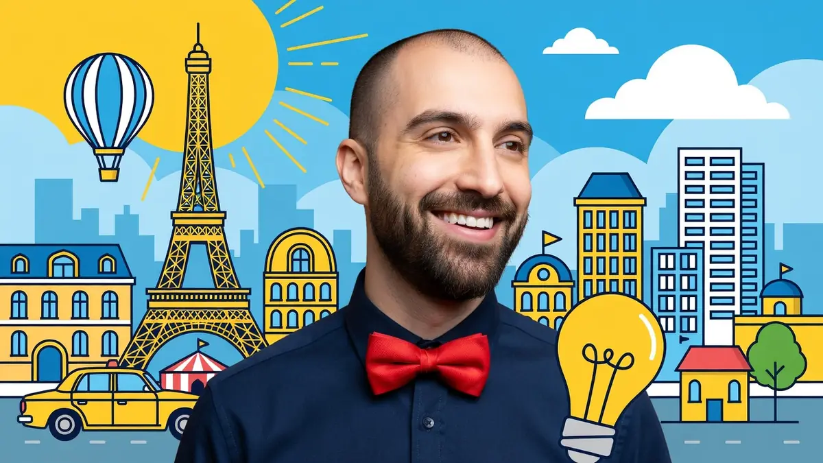 Portrait souriant de Thomas Deseur devant un décor illustré représentant une ville avec la tour Eiffel