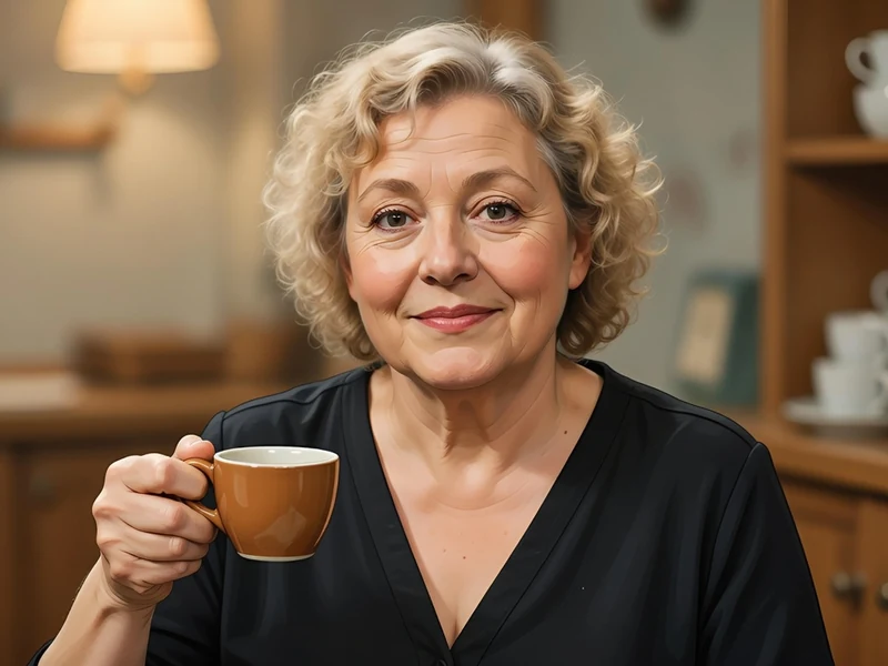 Chantal Neuwirth sourit en tenant une tasse dans une cuisine
