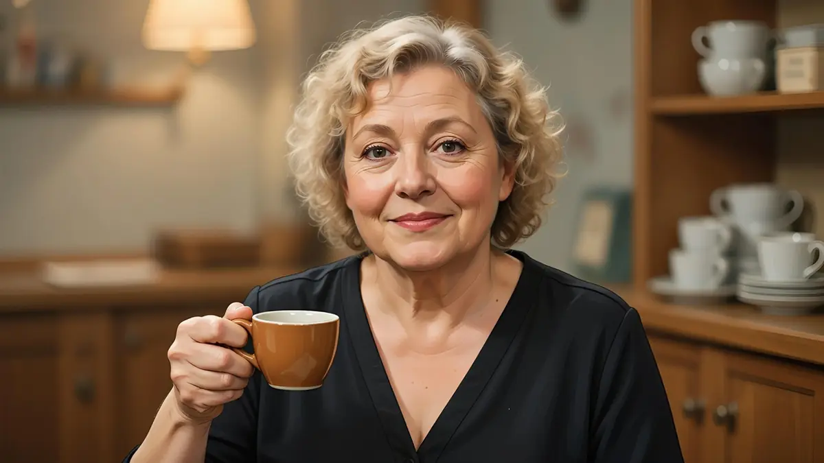 Chantal Neuwirth sourit en tenant une tasse dans une cuisine