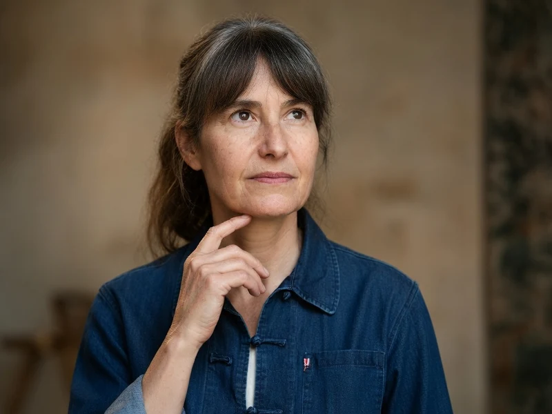 Portrait de la cinéaste Laetitia Masson portant une chemise en jean et regardant au loin avec une expression pensive