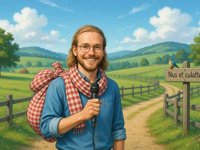 Guillaume Tisserand-Mouton sourit en tenant un micro sur un sentier de campagne verdoyant