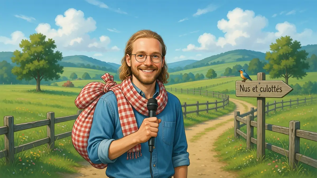 Guillaume Tisserand-Mouton sourit en tenant un micro sur un sentier de campagne verdoyant