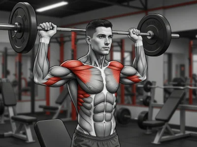 Un homme musclé effectue des développés militaires avec une barre dans une salle de sport, épaules en rouge