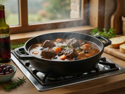 Une daube de sanglier recette mijotée dans une cocotte sur le feu avec du pain et du vin à proximité