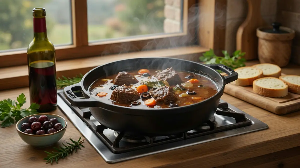 Une daube de sanglier recette mijotée dans une cocotte sur le feu avec du pain et du vin à proximité