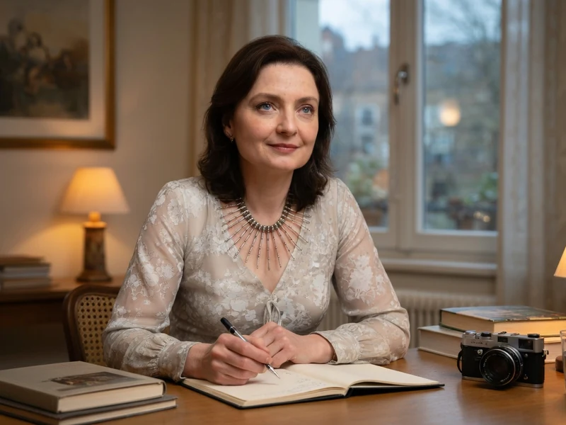 Solveig Anspach est assise à une table et écrit dans un carnet ouvert