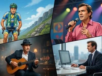 Un montage photo présente Christophe Laurent sous les traits d'un cycliste d'un chanteur d'un guitariste et d'un dirigeant