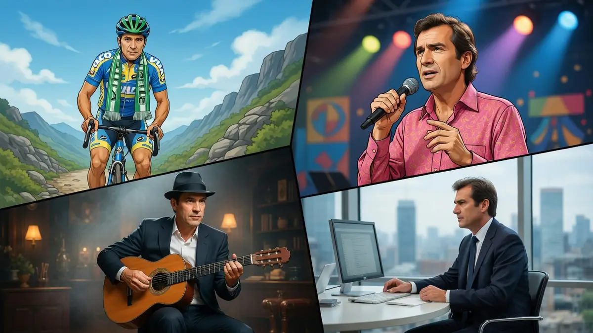 Un montage photo présente Christophe Laurent sous les traits d'un cycliste d'un chanteur d'un guitariste et d'un dirigeant