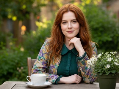 Julia Gourand est assise à une table en terrasse avec une tasse de café et des fleurs
