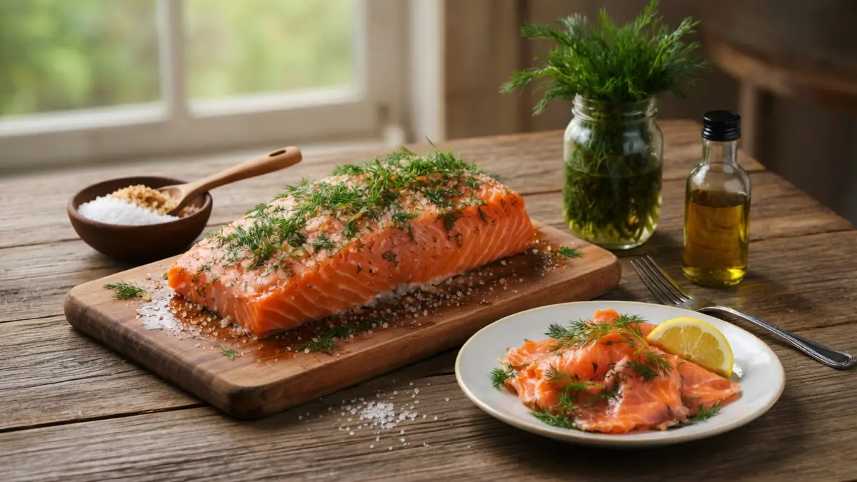 Un saumon préparé en gravelax est présenté sur une planche en bois près d'une assiette de tranches au citron