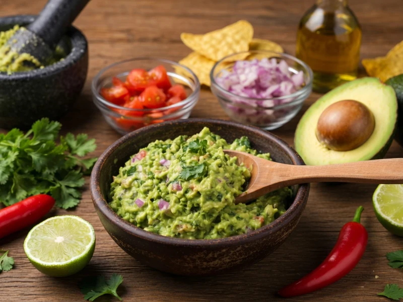 Un bol de guacamole avec ingrédients frais pour recettes guacamole sur table en bois