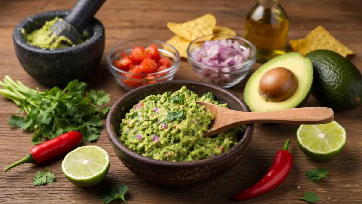 Un bol de guacamole avec ingrédients frais pour recettes guacamole sur table en bois