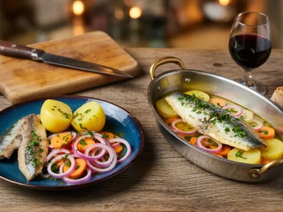 Deux portions de hareng pomme à l'huile accompagnées de pommes de terre et d'oignons sur une table rustique