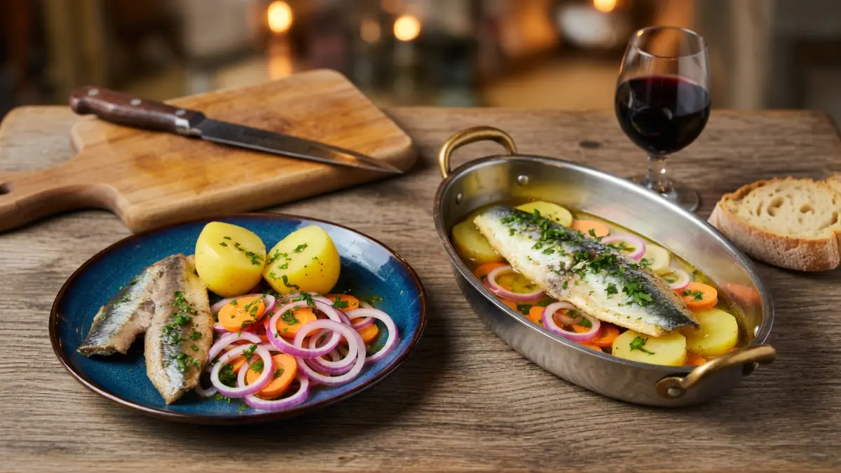 Deux portions de hareng pomme à l'huile accompagnées de pommes de terre et d'oignons sur une table rustique