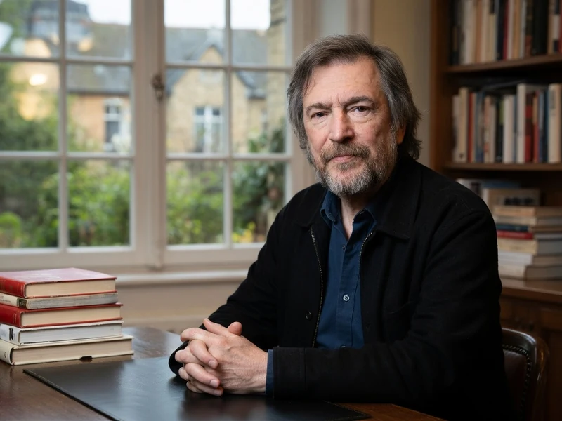 François Chattot est assis à une table dans une bibliothèque remplie de livres