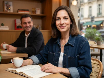 Portrait souriant de la comédienne Virginie Stref attablée avec un café et un livre dans un café parisien