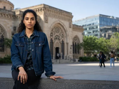 Linda Bouhenni est assise sur un muret devant un bâtiment historique