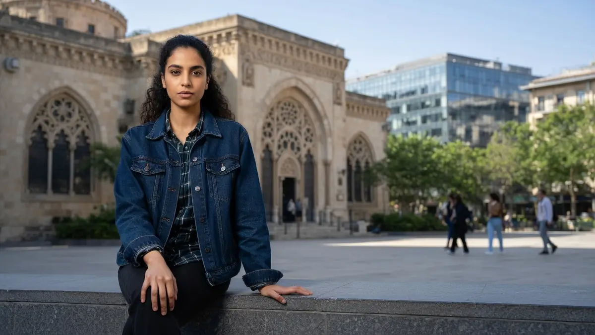 Linda Bouhenni est assise sur un muret devant un bâtiment historique