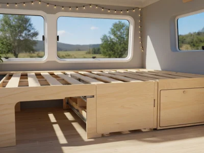 Structure en bois clair d'un lit en peigne extensible installée dans un van aménagé avec vue sur l'extérieur
